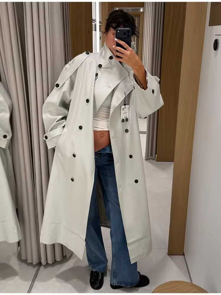 Women Solid White Trench Coat Lapel Double Breasted Casual Long Loose Lady Oversized Outerwear Autumn Strtwear Daily Overcoat M260922