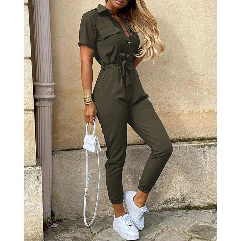 Casual Short Sleeve Jumpsuit Office Lady Spring Summer Fashion Elegant Solid Lace Up Jumpsuits For Women One Piece Rompers 260922