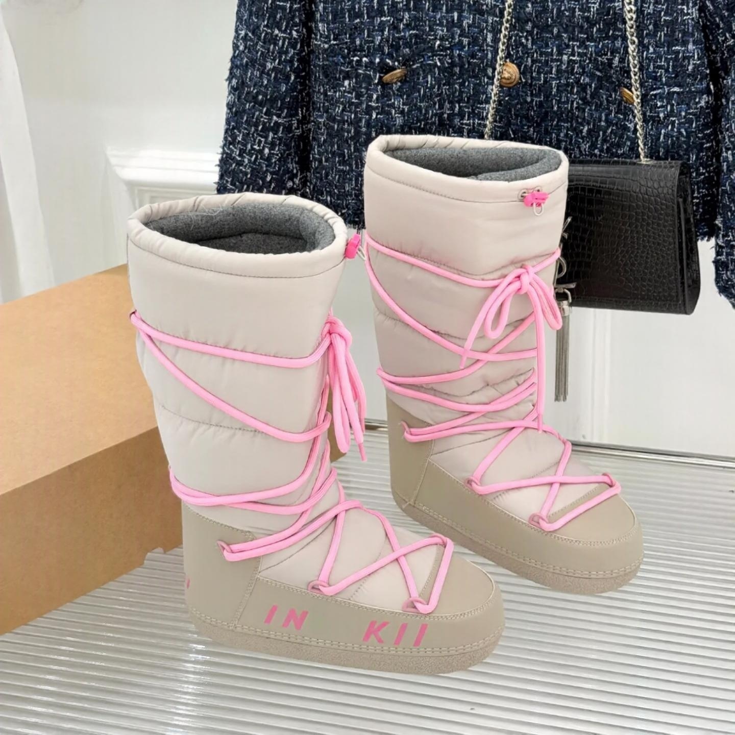 Boots Women Snow Waterproof Winter Luxury Designer Padded Warm Drawstring Outdoor Walking Hiking Ski Platform Flat Casual Fashion Round Toe Black Pi