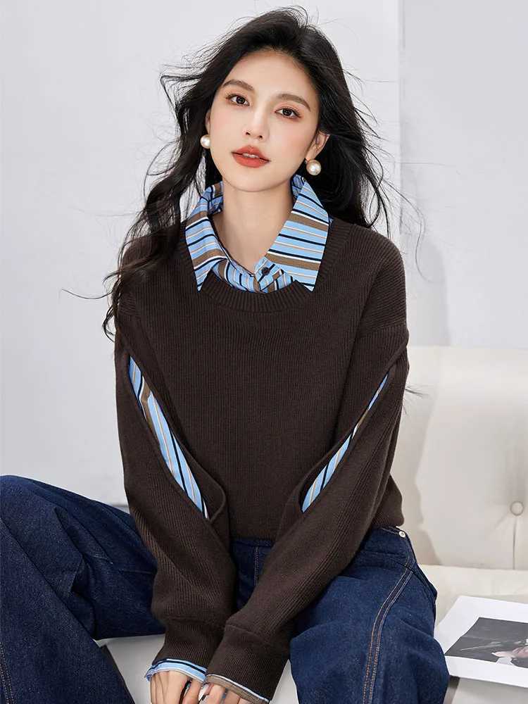 Women's Sweaters Autumn Winter Women's Casual Neck Sweater Fashionable Retro Fake Two Pieces Contrast Color Spliced Tops Knitted Sweater H