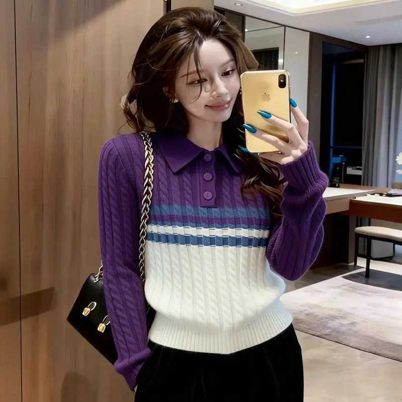 Women's Sweaters Kimutomo Women 2026 New Striped Collar Sweater elegant High Sense Long sleeve Knitted Pullover Fashion Basic Layer Tops D26092