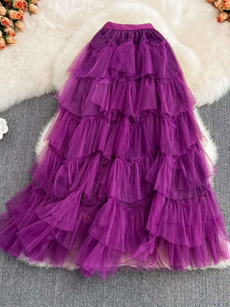 Tutu Tulle Long Skirts Womens Spring Korean Solid A Line High Waist Mesh Tiered Maxi Skirt Female Faldas Aesthetic 260923
