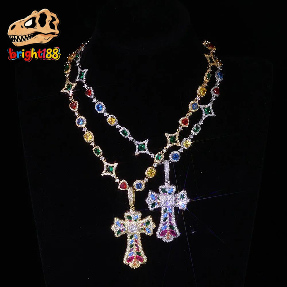 2026 new style Iced Out Colorful Cross Pendant Necklace Gold Plated Large Baguette Moissanite Diamonds Custom Charm Design Hip Hop Jewelry