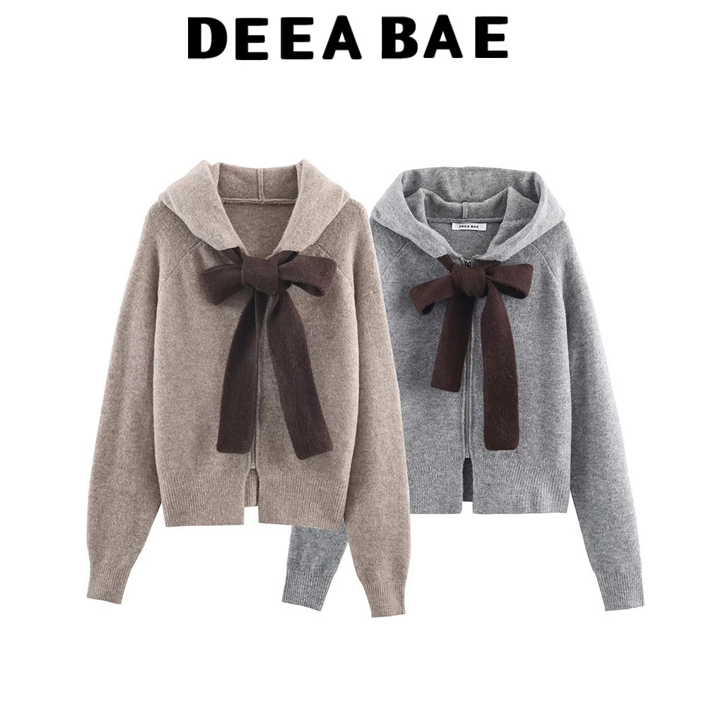 DEEABAE Grey bow college style hooded knitted sweater sweatshirt cardigan jacket autumn and winter lazy style for women 260923