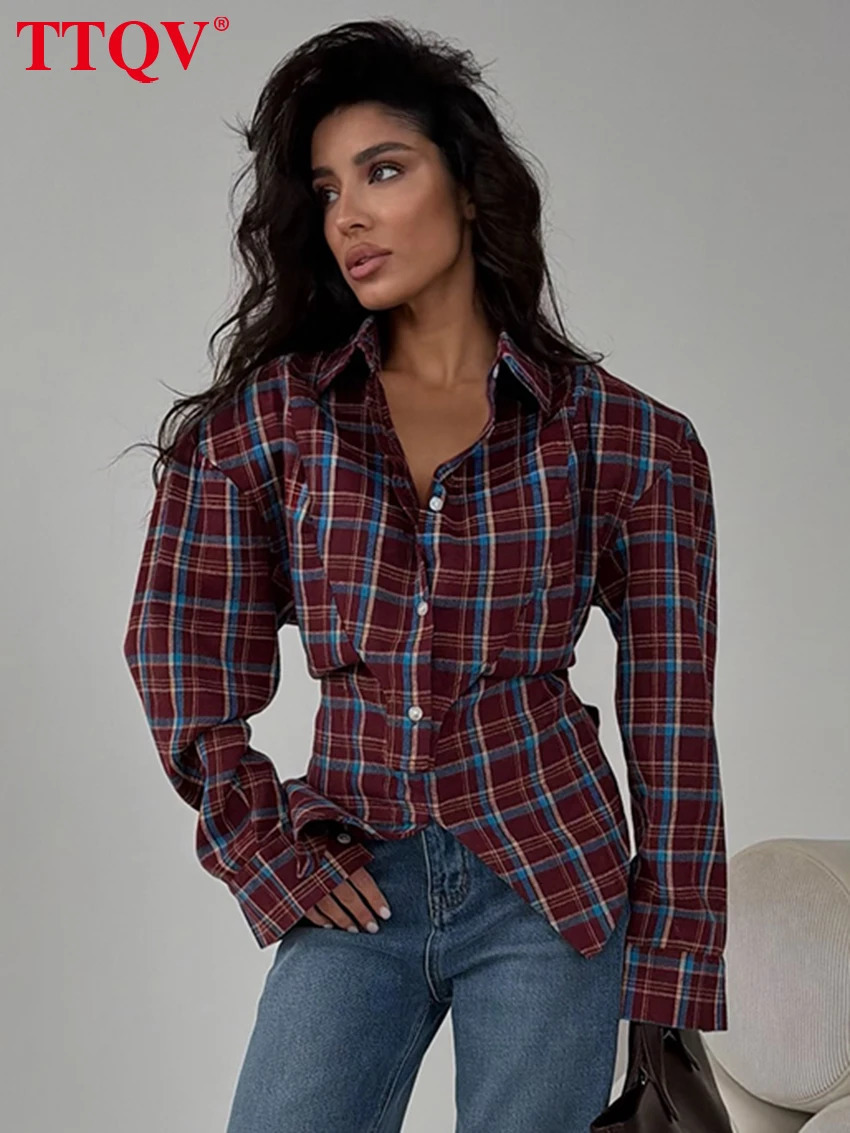 TTQV Fashion Loose Plaid Women's Blouse 2026 Vintage Lapel Long Sleeve Shirt Elegant Classic Lace-Up Top Female Clothing 260920
