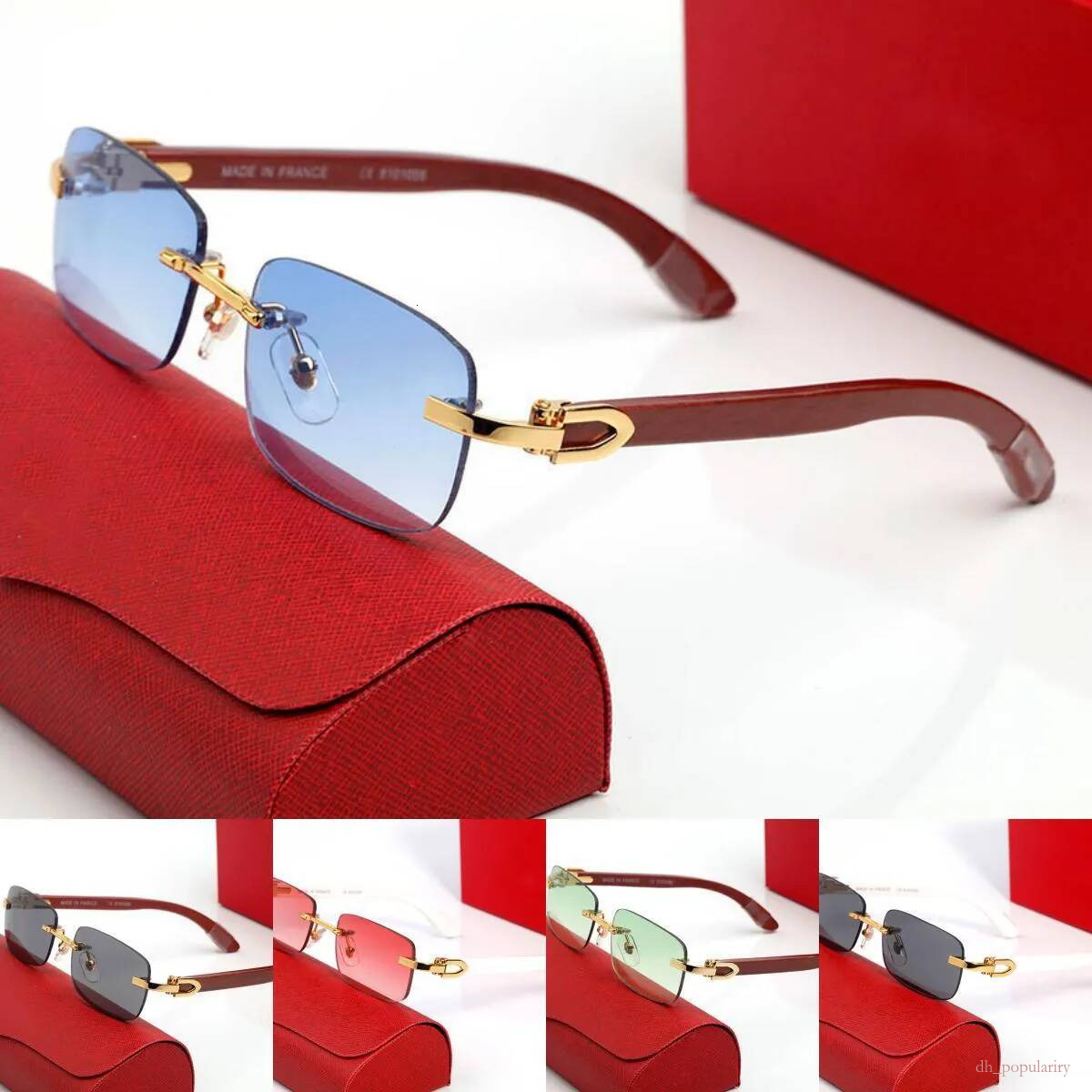 2026 Man sunglasses shaped Decorative Sunglasses Mens Women Peach Metal Brown Blue Yellow Lenses Wooden Legs Frameless Brand Optical Frames Designer