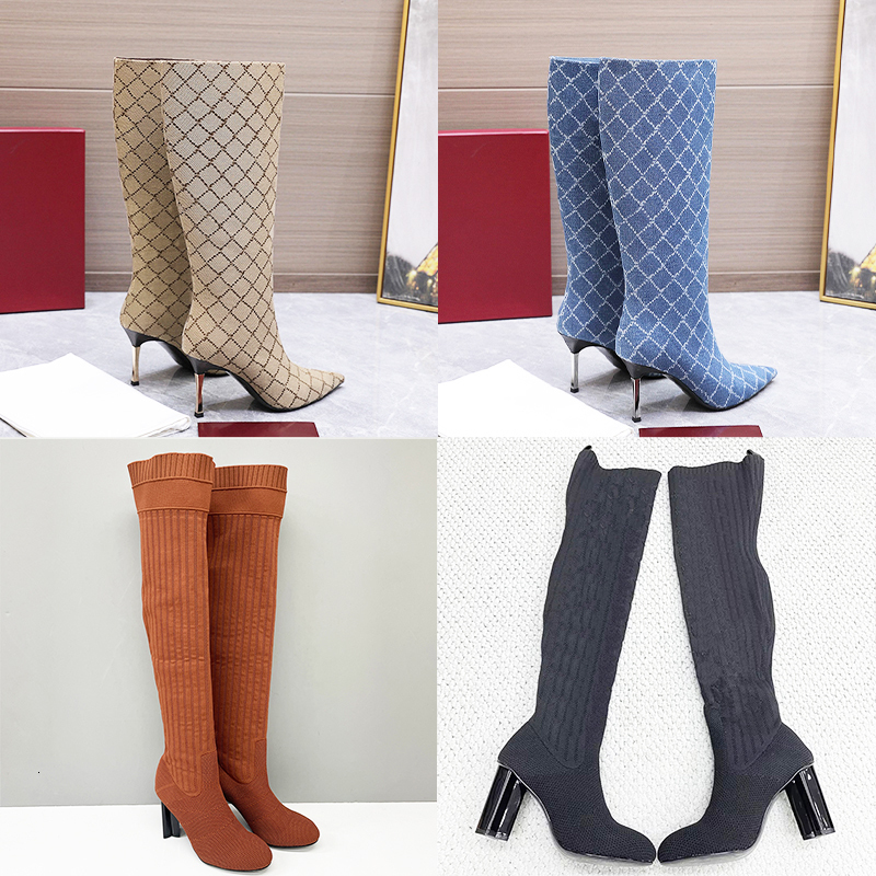 Marques de luxe Bombshell Boot Designer Femme Toile Impression Boot Haute Qualité Bout Pointu Talons Aiguilles Bottes Au Genou Tenue Quotidienne