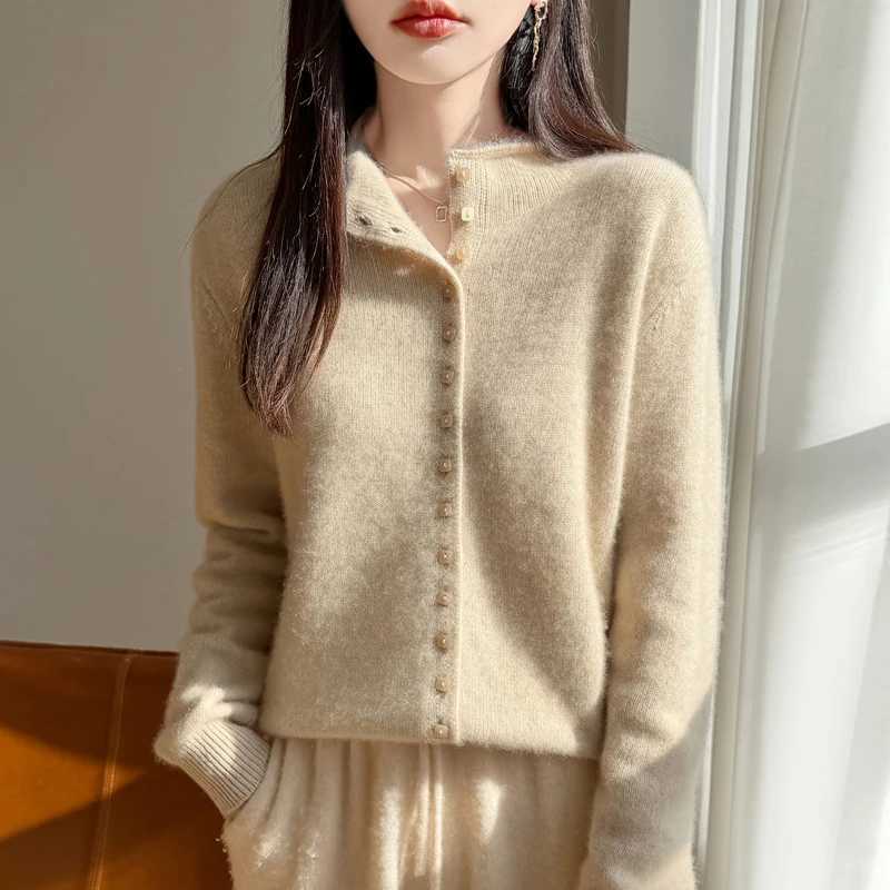 Women's Sweaters Pure Wool Women Mock-neck Cardigan Single Breasted Knitting Sweater Autumn Winter Long Sleeve 100% Merino Wool Knitwear Tops H