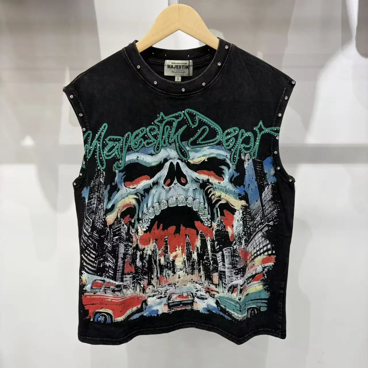 Summer Mens Washed Tank Top Funny Skull Rhinestone Sleeveless Graphic Tee Oversized Vintage Streetwear Cotton Vest Black 260923