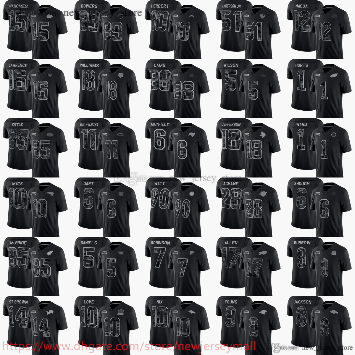 Maillots de football Salute to Service 2026 Daniels 18 Justin Jefferson 1 Jalen Hurts Cameron Ward 10 Drake Maye Justin Herbert 12 Puka Nacua 6 J