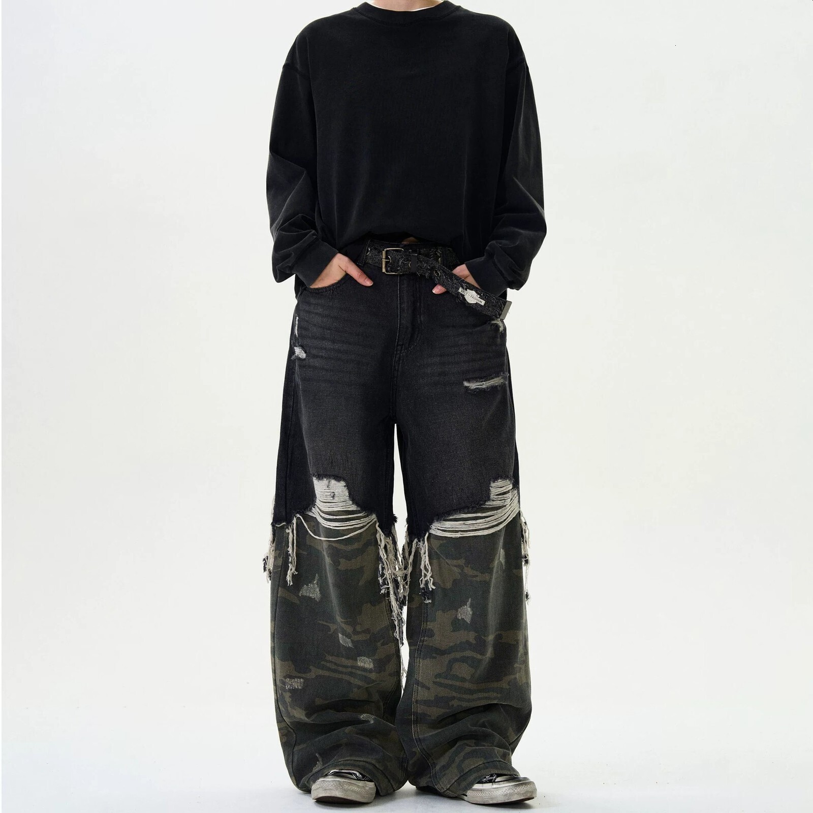 Men Jeans American Style Two Piece Camouflage Patchwork Jeans Unisex trousers High Street Trendy Casual Loose Wide Leg Pants Denim Pants 029