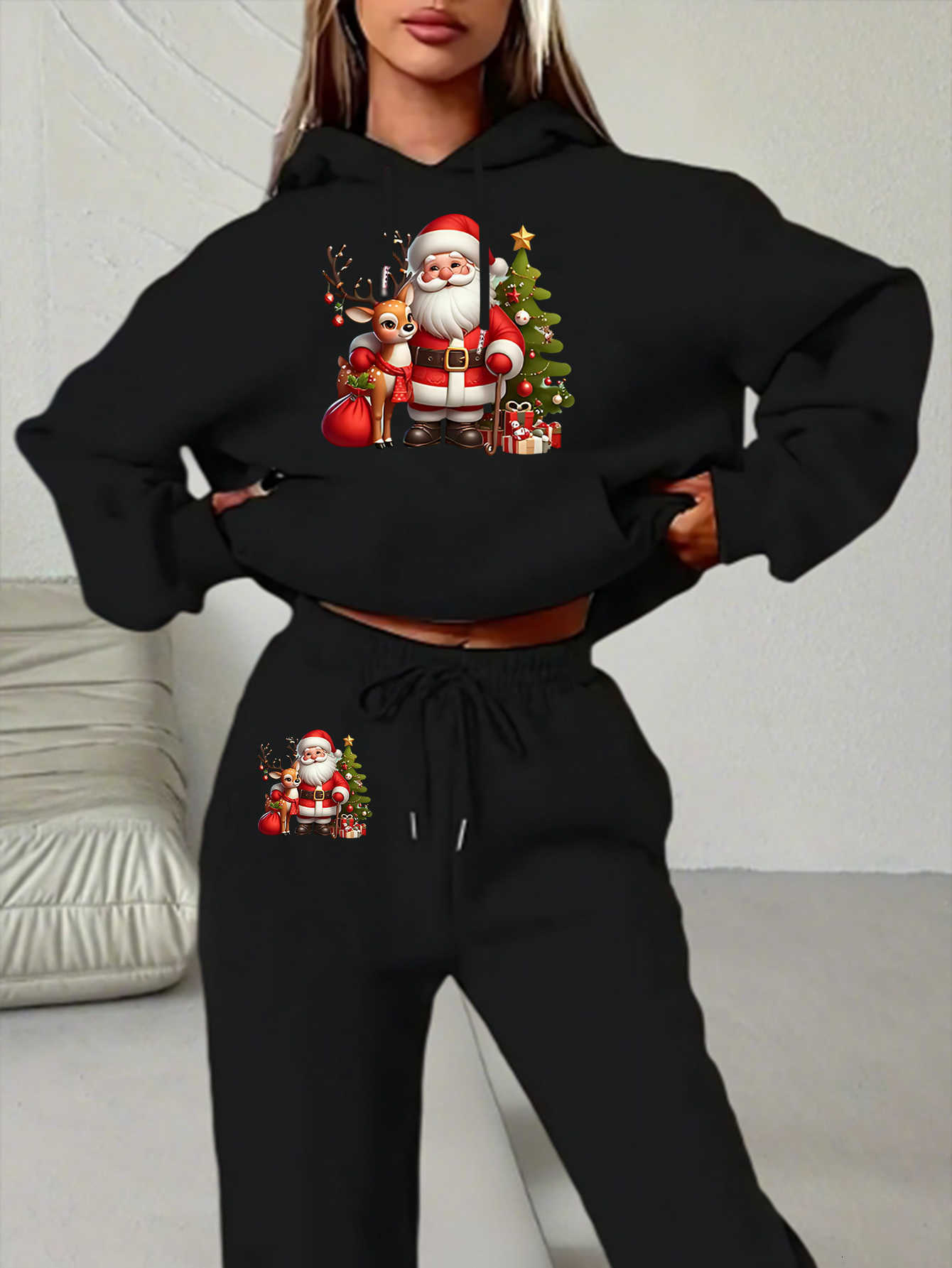 Women's Hoodies Sweatshirts 2026 New Women Lined Christmas Print Hoodie Sweatshirt Sweatpants 2Pcs Set Autumn Winter Casual Xmas Tracksuit D260