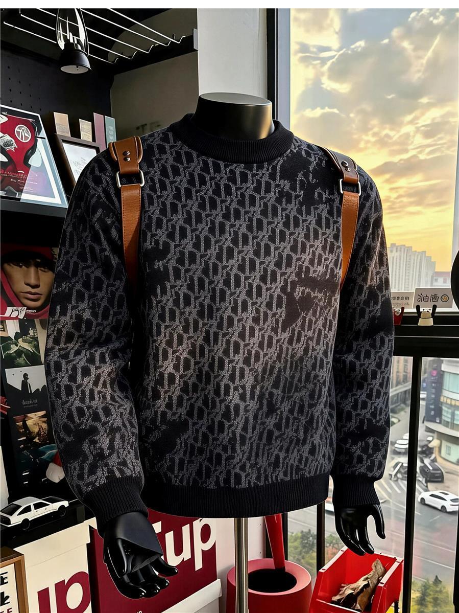 Mens Sweaters Designer Hoodies Patterned Knit Pullover With Brown Leather Shoulder Straps Crew Neck Long Sleeves Black Color Daily Commuter