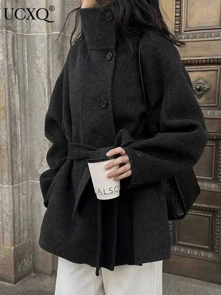 UCXQ Double Sided Wool Coat For Women High Stand Collar Loose Lace Up Mid Length Coats 2025 Autumn Winter New Tide 23Z3972 S260923XZA0