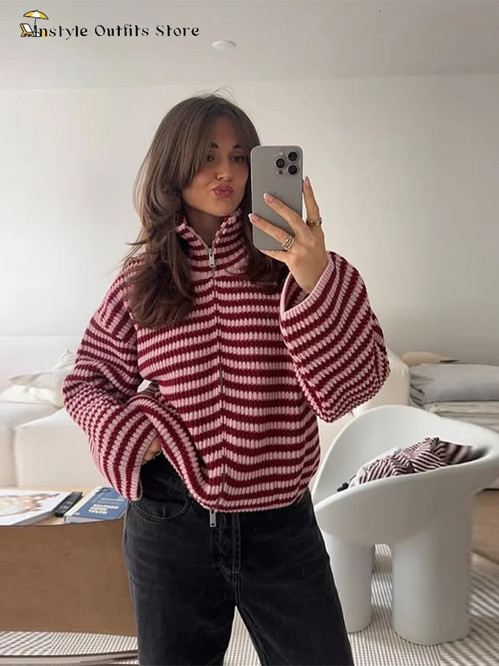 Casual Knitted Cardigan Women's Loose Full Sleeves Zippers Stand Collar Sweaters Coats 2026 Autumn Ladies Contrast Outwear 260923