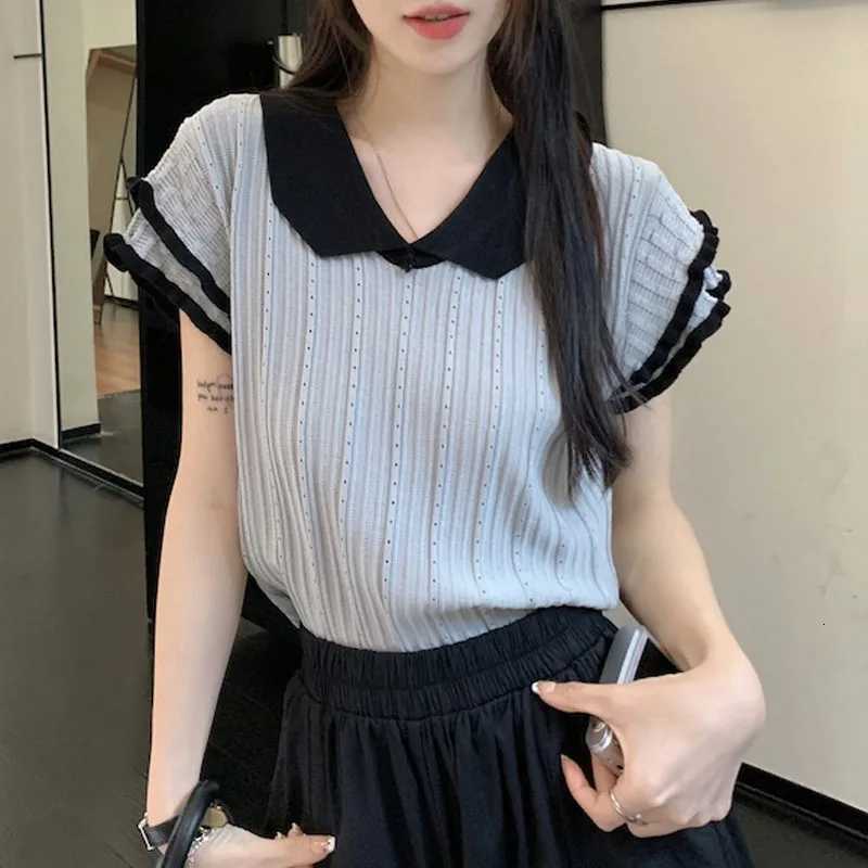 Women's Sweaters New Patchwork Knitted Sweater Women Pullovers Knitwears Short Sleeve Doll Collar Knit Sweater Pullover Women Tops Sweaters Q26