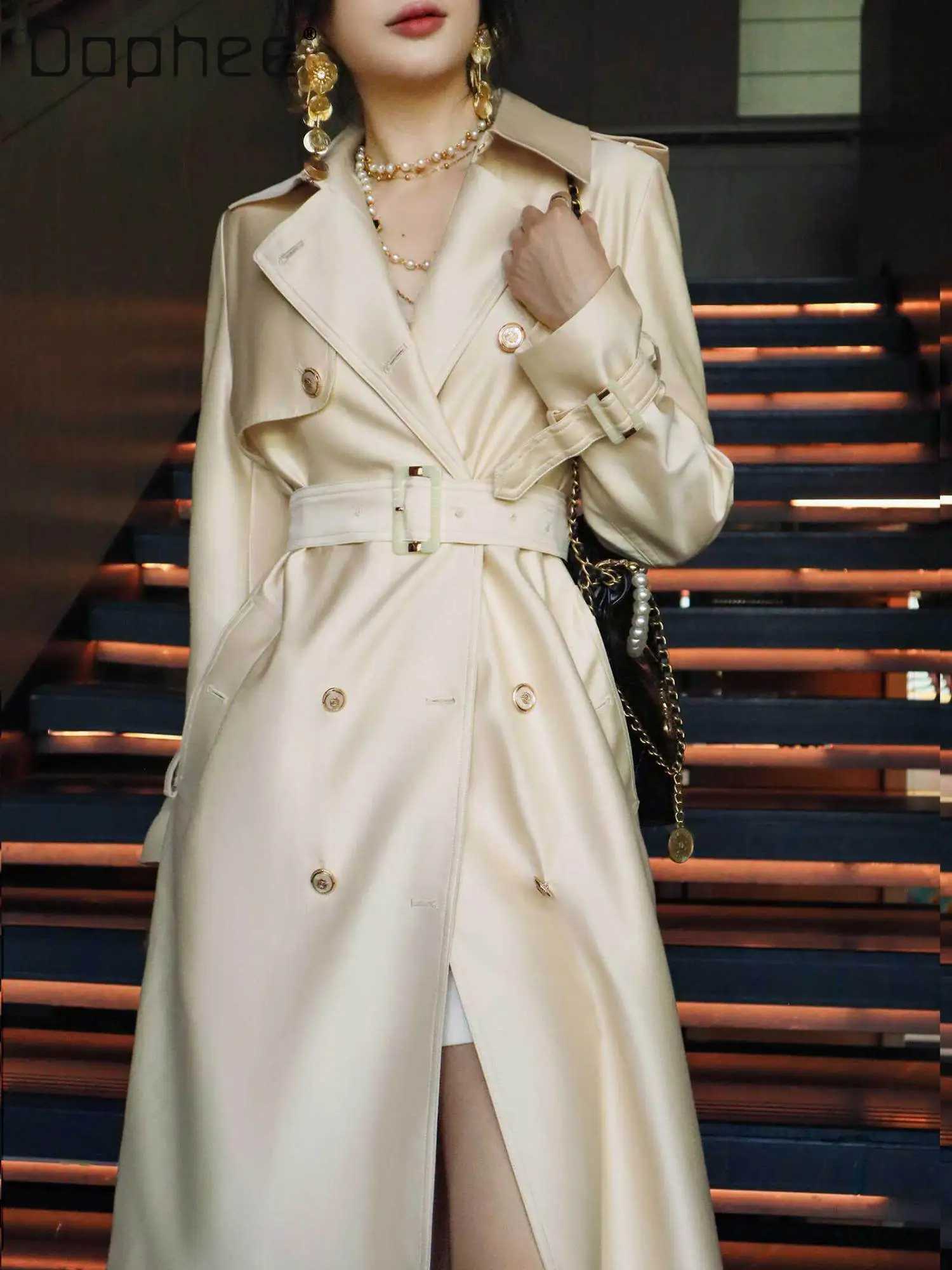 High End Champagne White Socite French Elegance Temperament Satin Slim A-line Trench British Style Elegant Trench Coat Women M260922