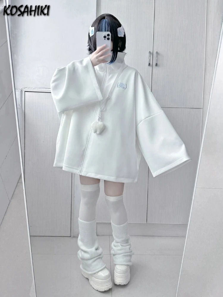 Spring Japanese Casual Solid Hoodies Women Loose Y2k Aesthetic Oversized Embroidery Coats Harajuku Zipper Grunge Sweatshirts 260923