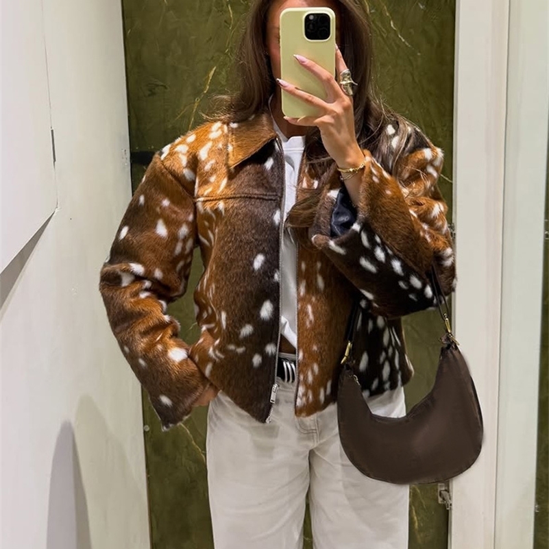 Womens Deer Spot Print Faux Fur Cropped Jacket Lapel Zipper Suit Coat Long Sleeve Loose Drop Shoulder Fashion Street Outerwears 260923