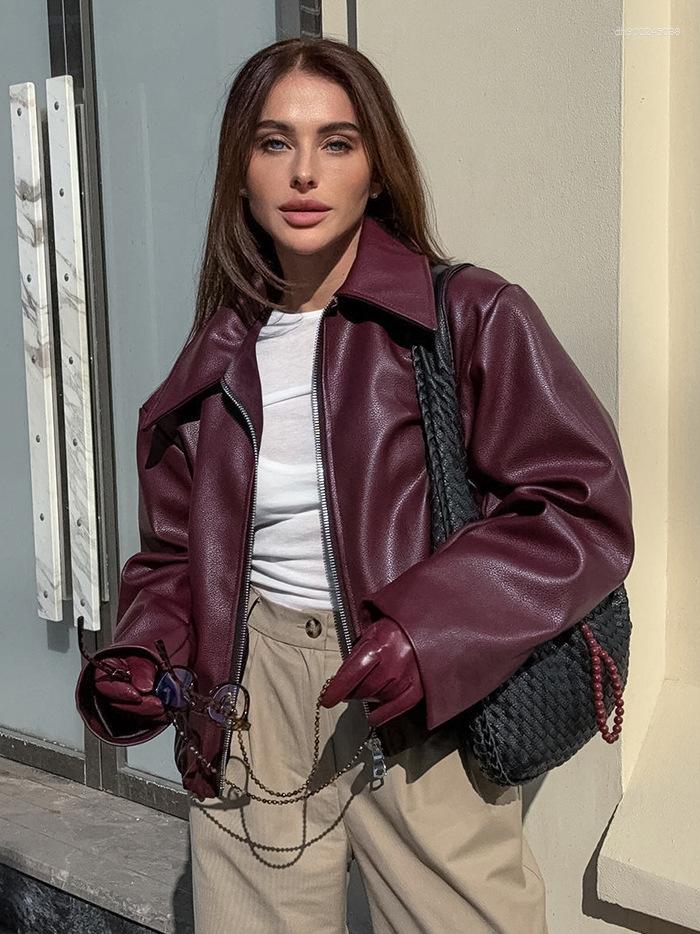 American Retro Motorcycle Style Burgundy Leather Jacket High-End Foreign Trade Wholesale Matte Cross-Border Women's Clothing