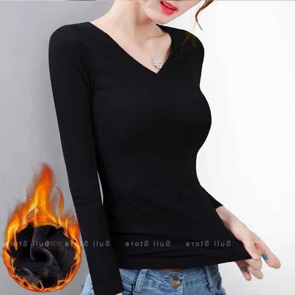 Thermal Underwear Women's 1pcs Women Autumn Winter Long-sleeved T-shirt Lady Thermal Underwear Thick Velvet Slim Fit Fashion New Style V-neck T