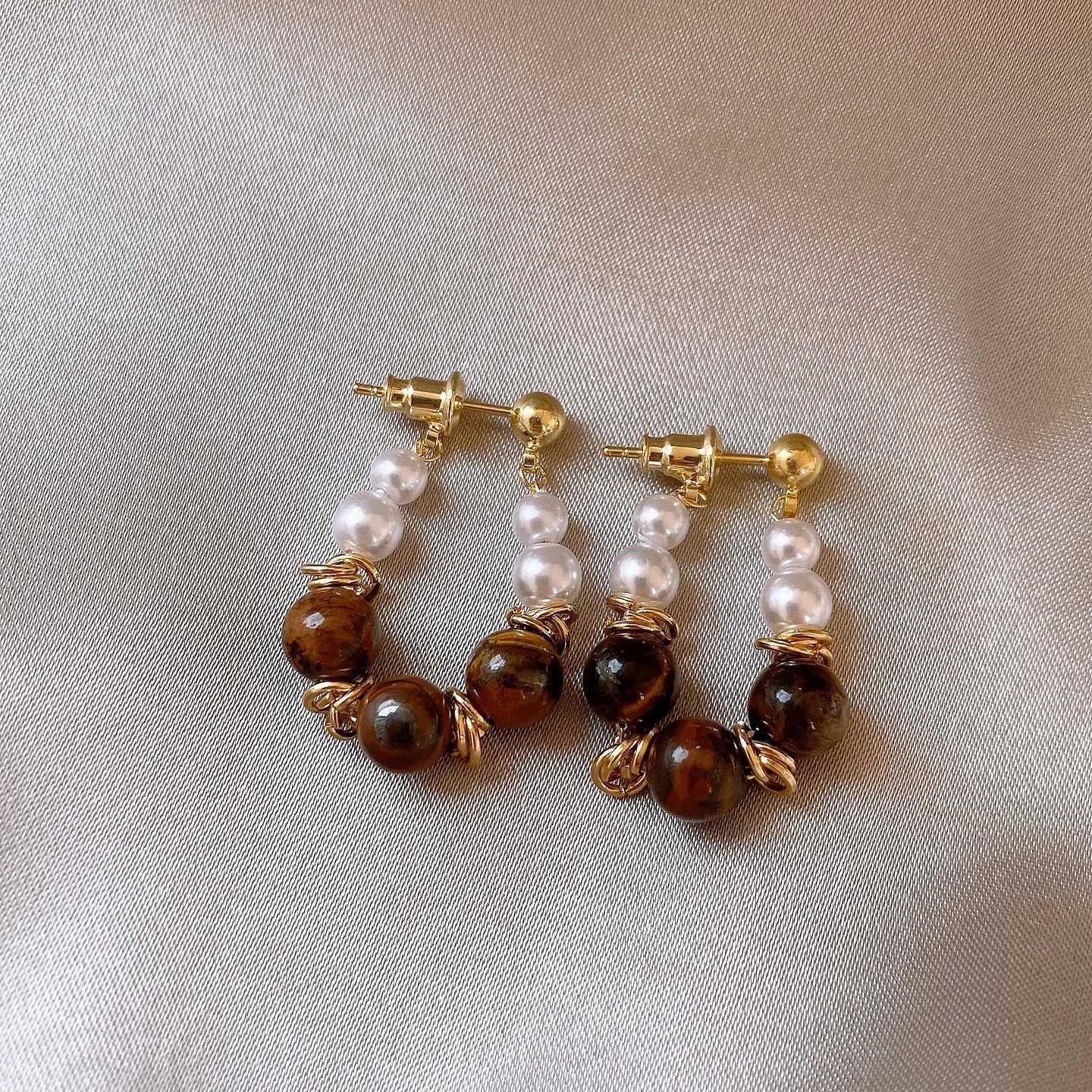 Vintage Tiger Eye Stone Imitation Pearl Dangle Earrings 18K Gold Plated Copper Alloy Beaded Drop Earrings for Women Jewelry Gift M260922