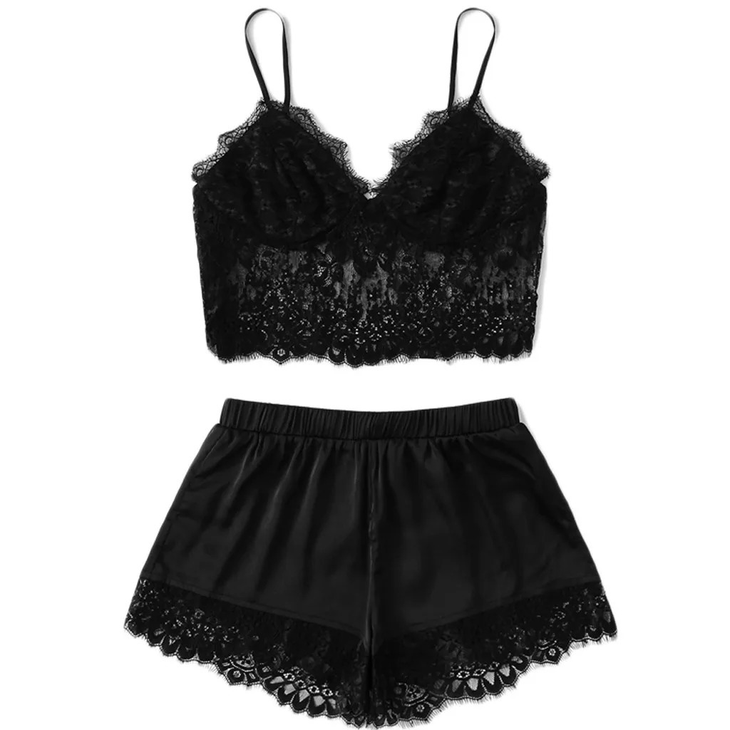 Sexy Women Silk Pajamas 2 Piece Sets Lace Suspenders Sleepwear Tops Shorts Pyjamas Set Sexy Nightdress Summer Homewear Plus Size 260923