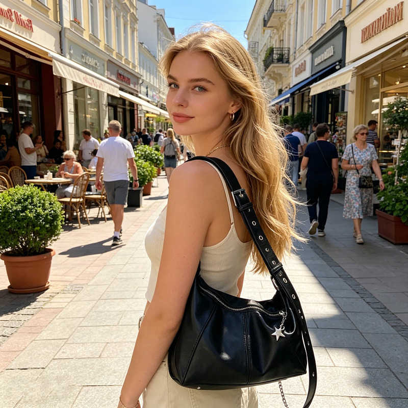 Cross Body Y2K Star Charm Black Leather Shoulder Bag Ruched Hobo Bag with Adjustable Strap Casual Crossbody Purse for Daily Use D260923