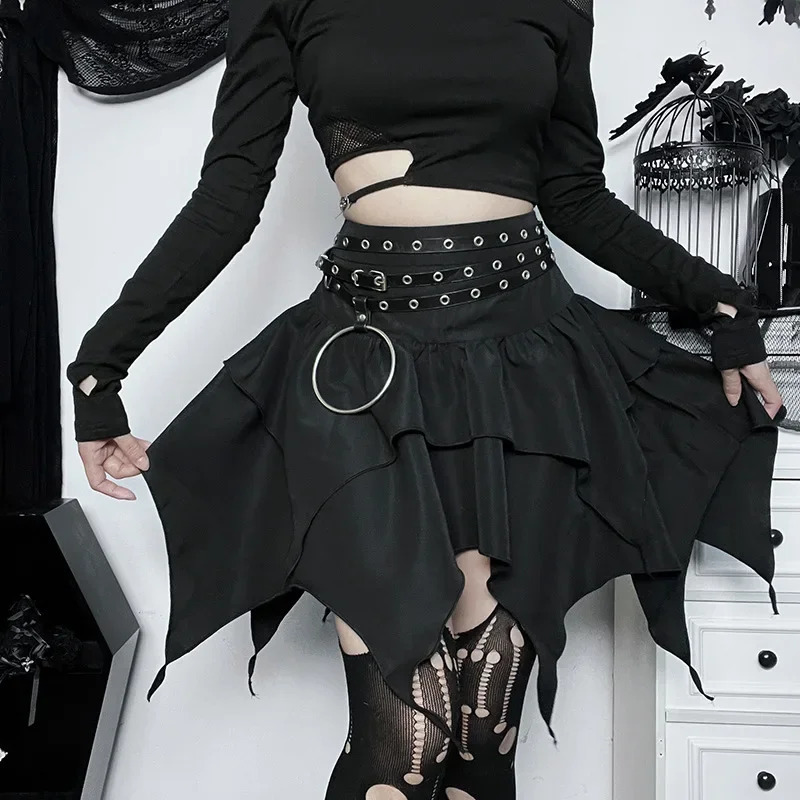 Sexy Women Gothic Punk Irregular Skirts Solid Color Drawstring TieUp Ruched Ruffles Mini Skirt Summer Fashion Short 260923