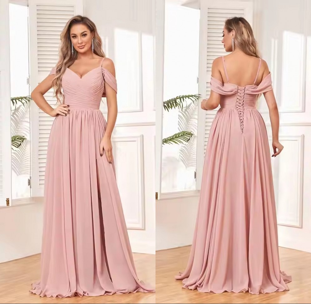 Dusty Pink Chiffon Bridesmaid Dresses Off Shoulder Spaghetti Strap Pleated Bodice A Line Long Formal Evening Gown Lace Up Back Wedding Guest Maid Ho