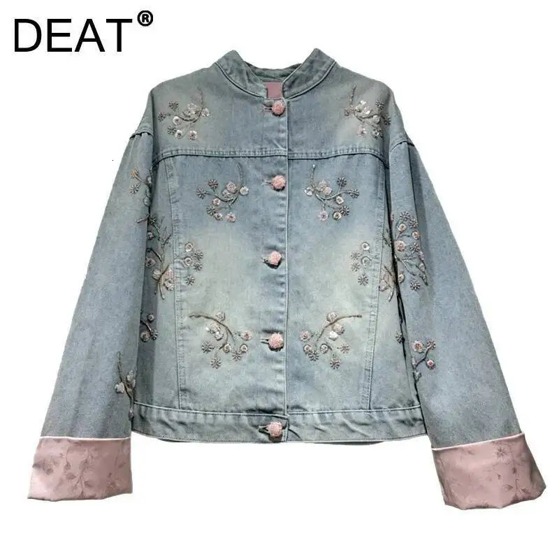 DEAT Women's Denim Coat Pink Patchwork Flower Embroidery Beading Single Breasted Jackets 2026 Summer Fashion 29A7506 260923