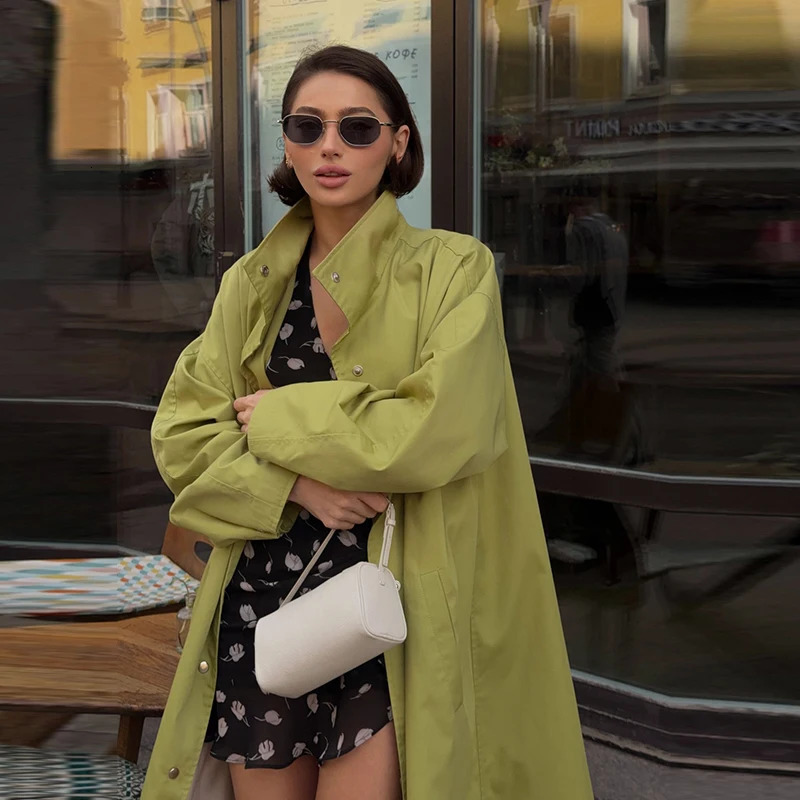 Button Front Women's Coat Stand Collar Long Trench Coat Solid Loose Trench Coat Daily Fashion Commuter Wear 2026 Collection 260920
