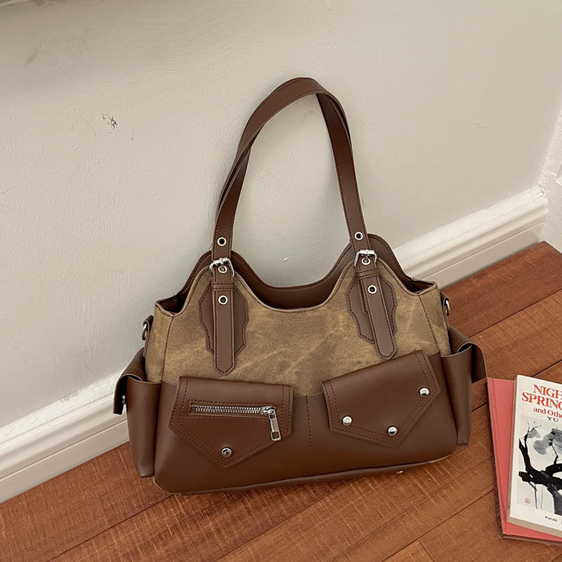 Vintage Contrast Color Patchwork Shoulder Bags For Women Large Capacity Ladies Tote Handbag Textured Cool Girls Crossbody Bag