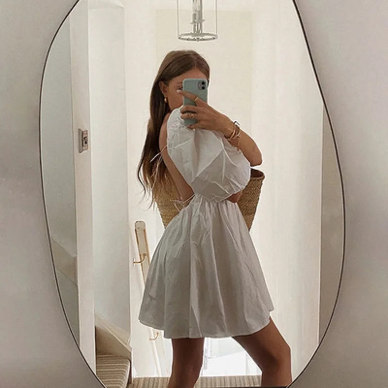 Women Summer Dress Summer Fashion White Elegant Puff Sleeve Backless Party Beach Dress Vacation Casual Mini Dress 260922