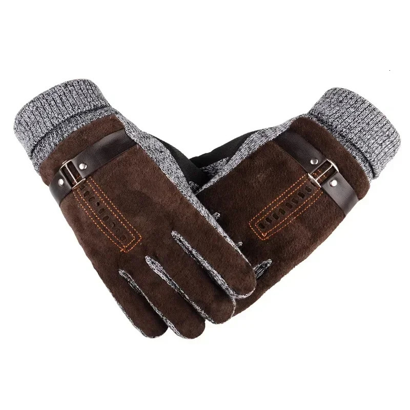 Winter Men's Warm Gloves Genuine Suede Pig Leather Gloves Mittens Male Thick Bike Motorcycle Gloves Men Knitted Guantes 260923