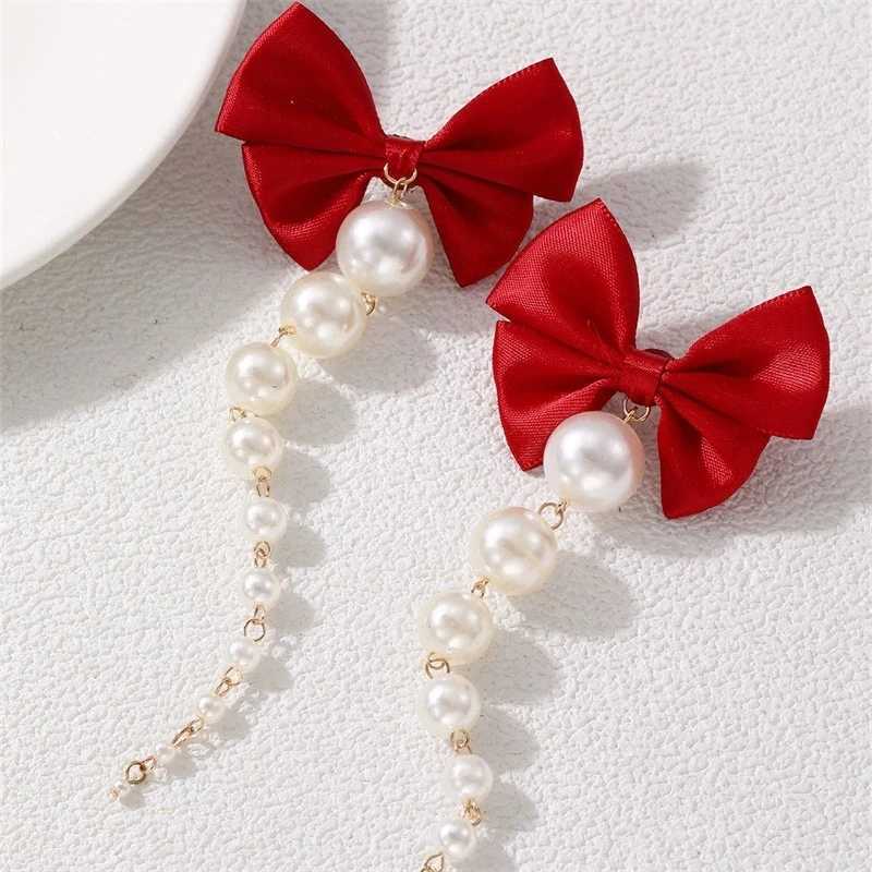 Retro Bow Simulation Pearl Dangle Clip on Earrings for Women Non Piercing Trendy Flower Long Tassel Wedding Ear Clips Jewelry M260923