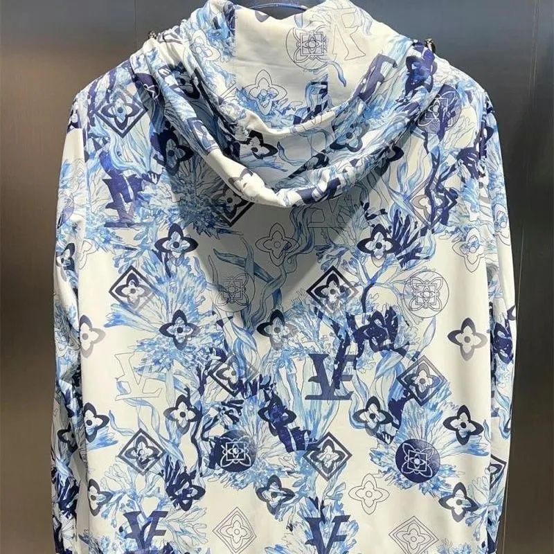 Women's Lightweight Hooded Sun Protection Jacket Blue White Printed Zip Up Windbreaker