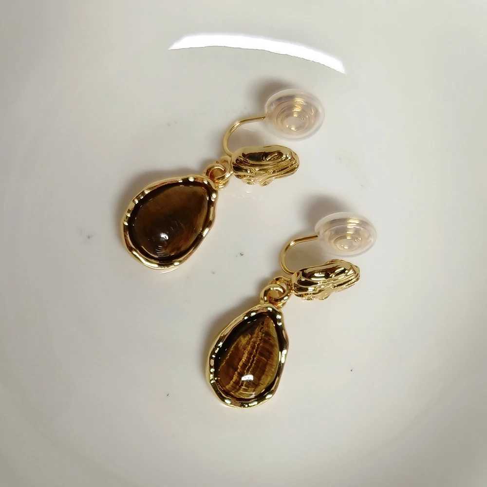 Vintage Maillard Natural Tiger Eye Stone Mosquito Coil Ear Clips Fashion Luxury Geometric Design Brown Teardrop Stud Jewelry M260923