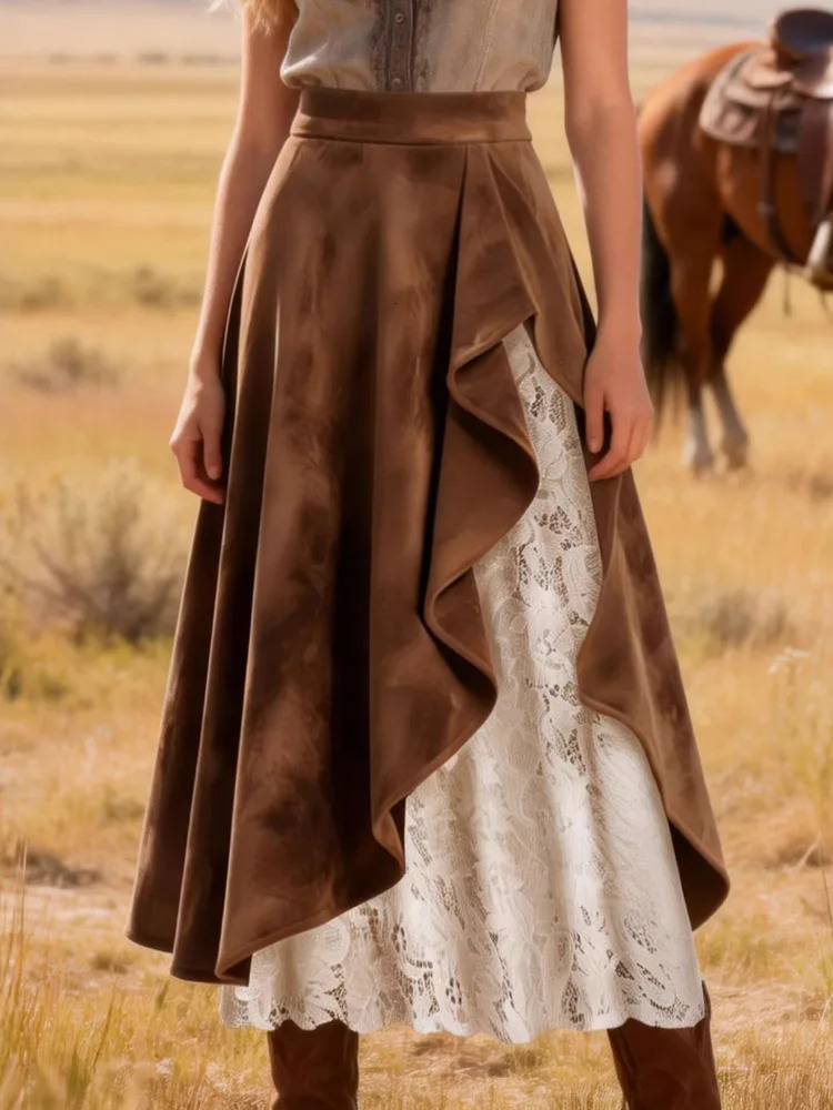 2026 Autumn Women Brown Suede Half Skirt Vintage Western-style Suede And Lace Patchwork Skirt 260923