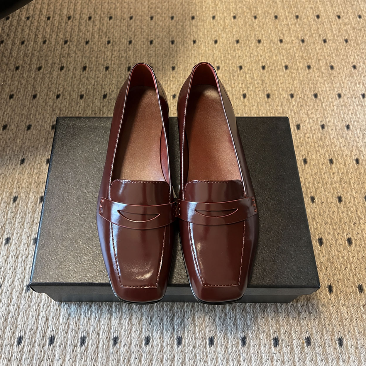 Women Square Toe Penny Loafers Burgundy Polished Calfskin Leather Flat Shoes Comfortable Slip On Elegant Preppy Office Work Casual Daily Wear