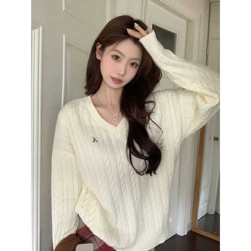 Women's Sweaters Women's Clothing Fashion All-match Solid Knit Pullovers Autumn Winter Elegant Chic V-neck Long Sleeve Sweaters Loose Swee