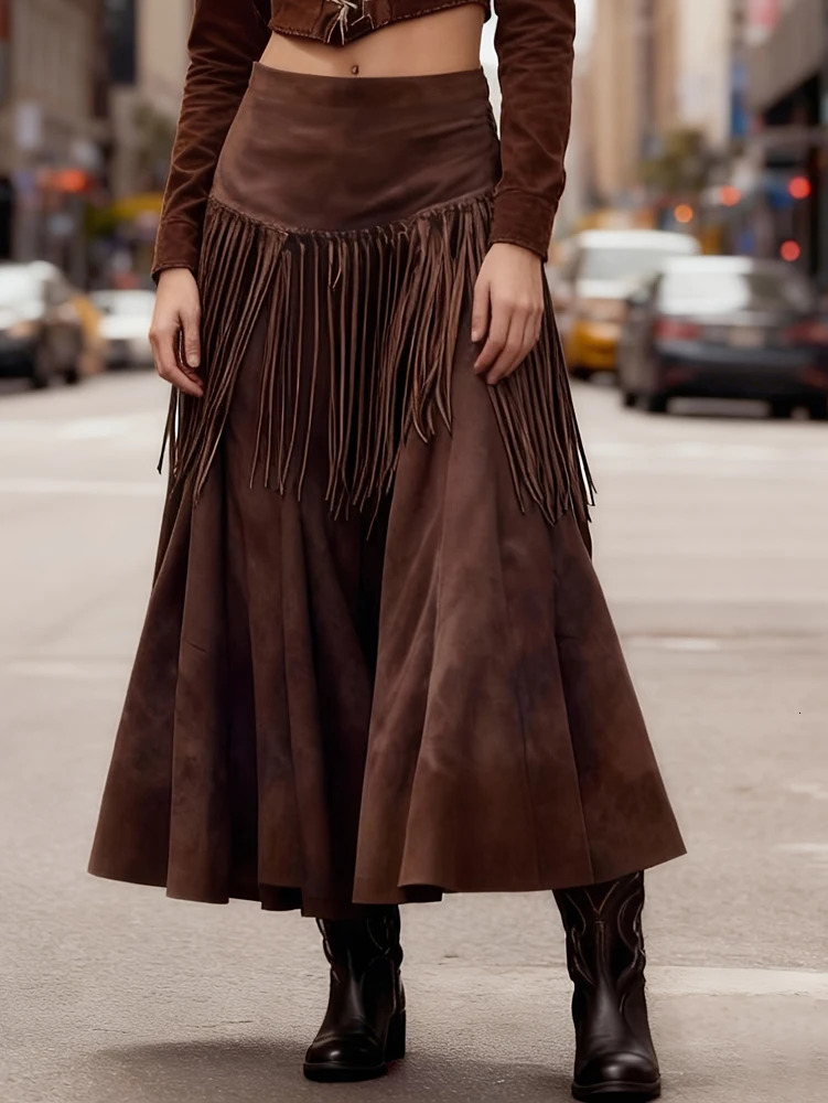 Ethnic Elegant Solid Tassel Slim Fit Midi Skirt Brown Wide Hem Long Skirt Party Evening Dresses Versatile Female Clothing 260923