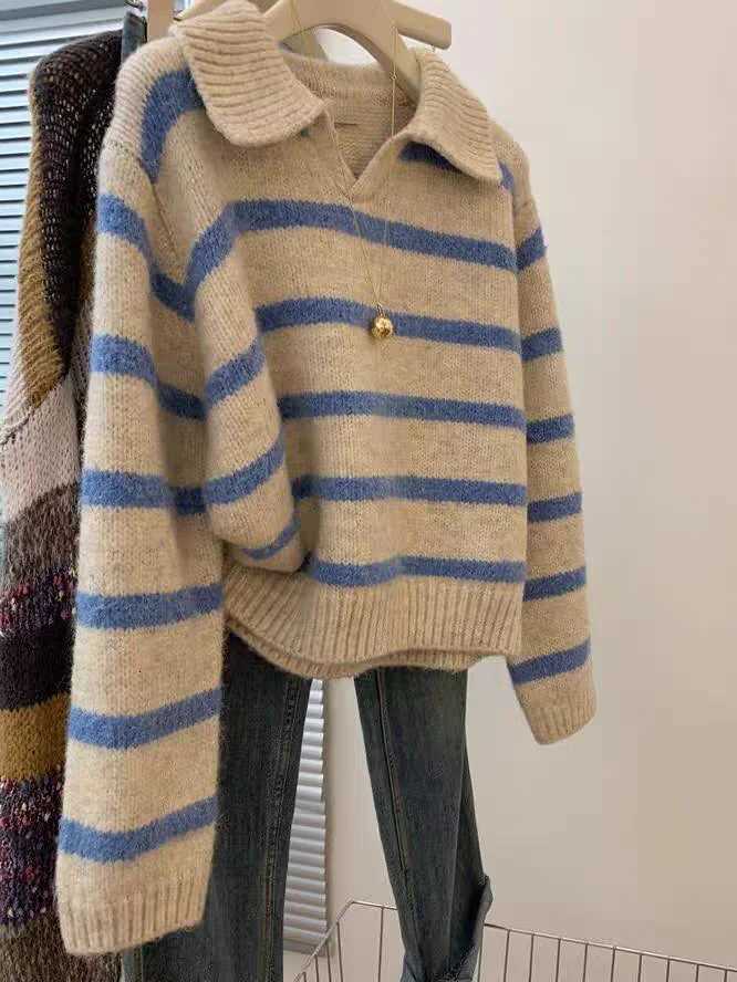 Women's Sweaters Stylish Striped Neck Knitted Sweater Women's Style 2025 Autumn Thickened Long sleeve Soft Comfortable Casual Top D260923