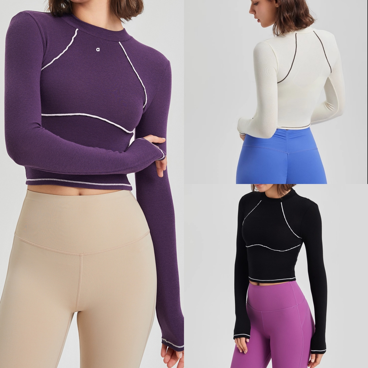 Haut d'entraînement moulant à manches longues pour femme, haut de course et de Yoga, couleur bloc, style mousse, A3001, automne/hiver