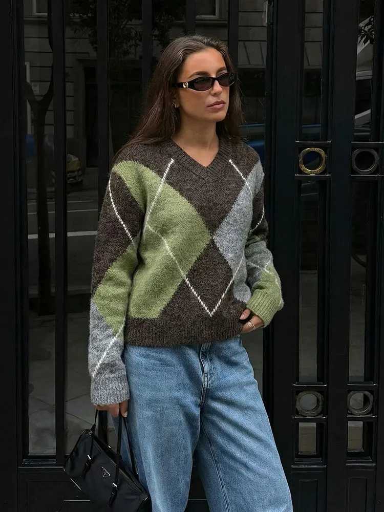 Women's Sweaters HH Women Fashion Argyle Knitted Sweater Casual Long sleeve V Neck Pullover Sweater 2026 Spring Trend Knitwear Chic Tops D26092