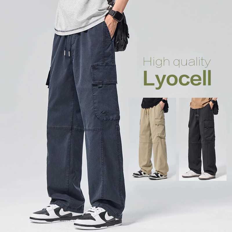 Summer New Men's Lyocell Cargo Straight Leg Pants Fashion Casual Workwear Multi Functional Pocket Work Trousers Male M-4XL S260923ALRY