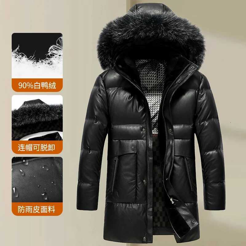 Men's Down Parkas 2024 Winter New Men's PU Leather Hooded Down Jacket Medium to Long Thickened Warm Leather Jacket Down Coat Big Hair Coll