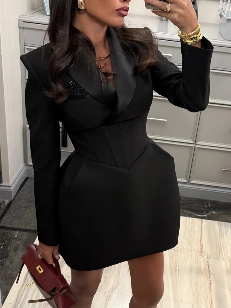 Women Elegant Waist-cinching Blazer Mini Dress Chic Full Sleeve V-neck Slim Dresses Sexy 2026 Lady Daily Commute Office Vestidos 260922