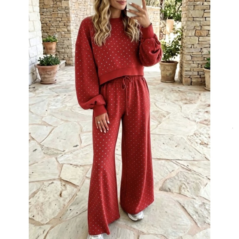 2026 Autumn Winter Womens Long Pants Set With Polka Dot Casual Fashion 2 Piece Sets Comfortable Lazy Relaxed 260908