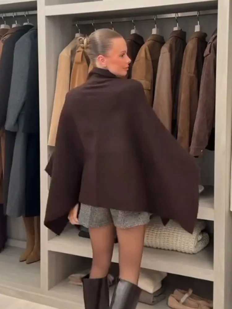 Women's HH New Fashion Versatile Solid Stand Collar Knitted Cape Coat Female Casual High Strt Asymmetric 3-Colors Jacket Mujer S26092281NE